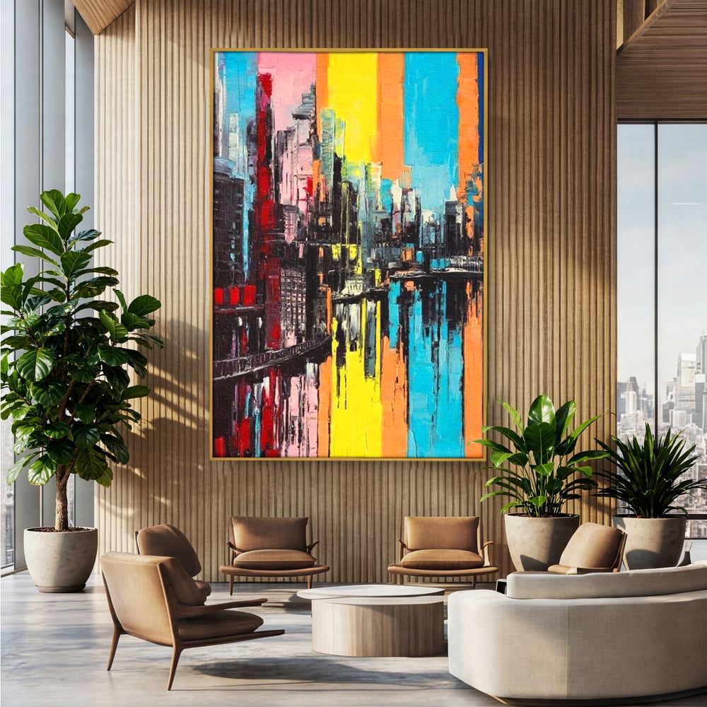 Tablou canvas cu tablou abstract cu cladiri si reflexii, in rama de aluminiu auriu, pe perete intr-un birou